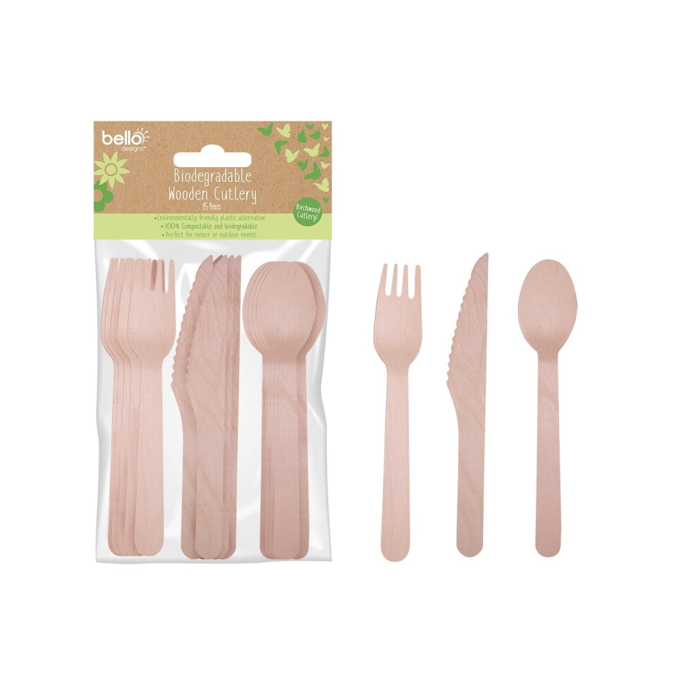 Compostable Biodegradable wooden cutlery 15 Piece