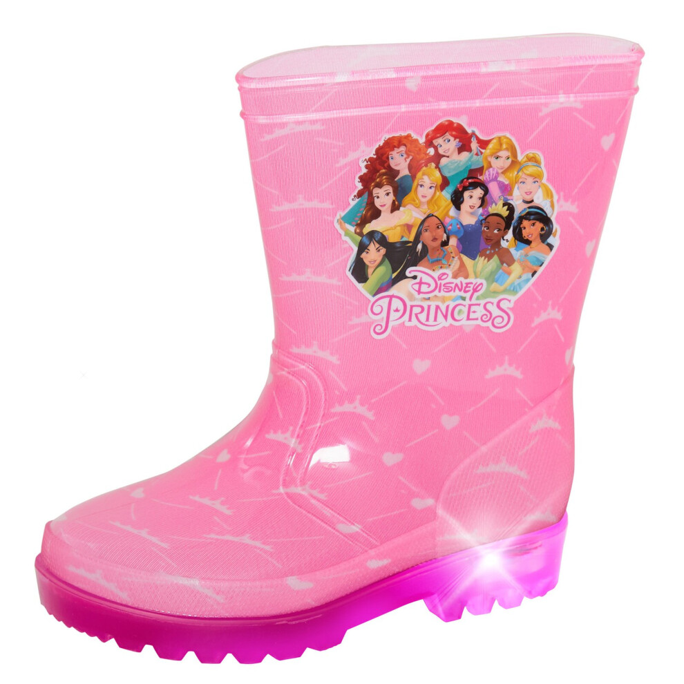 (UK 7 Child) Girls Disney Princess Light Up Wellington Boots Kids Wellingtons Pink Wellies