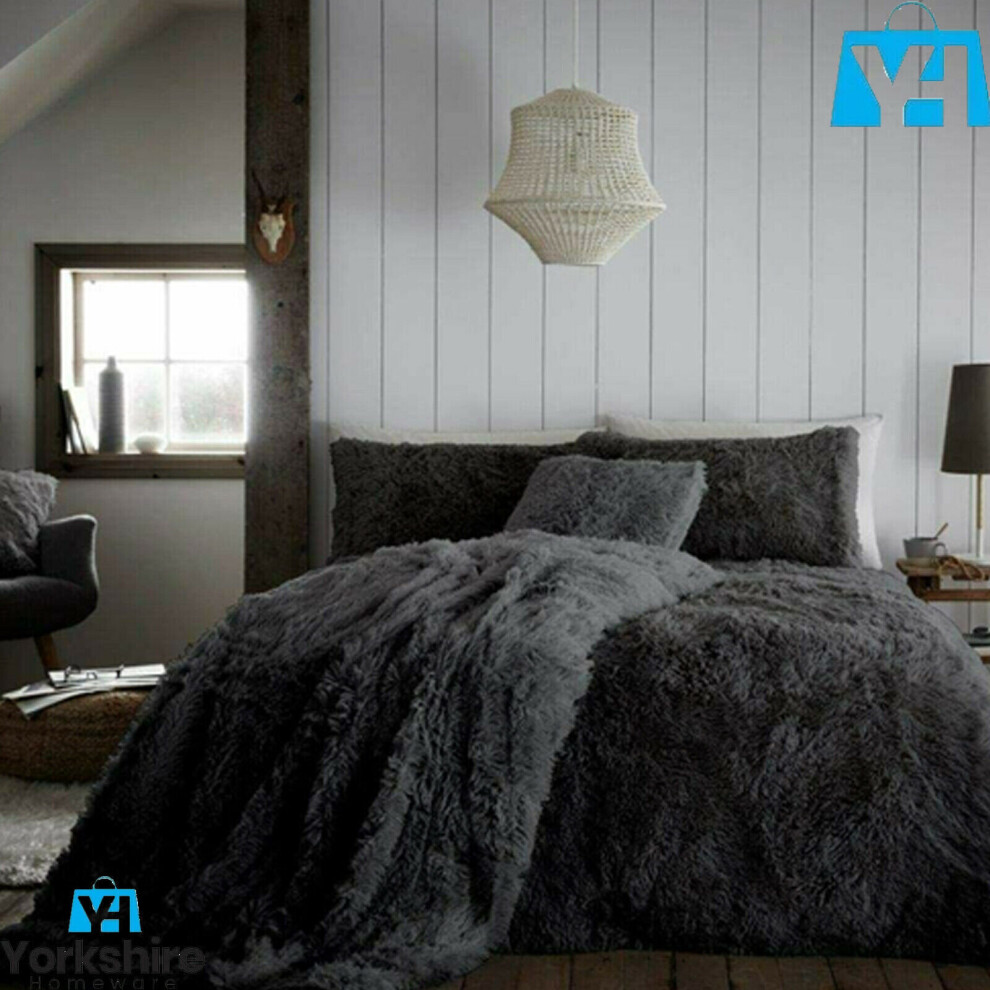 (Charcoal, Double) Long Pile Teddy Fleece Duvets Quilts Cover Set Warm Fluffy Bedding Pillow Cases