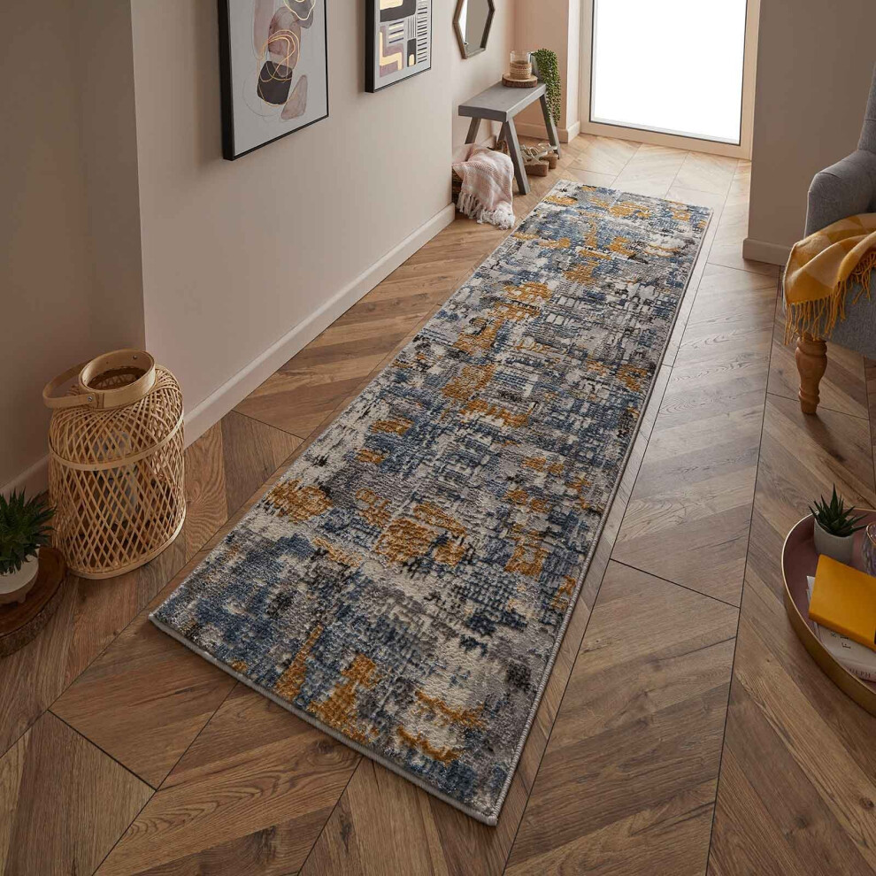 (Yellow / Grey, Runner 68x235 cm) Living Room Bedroom Contemporary Distressed Faded Rugs Multi Coloured Modern Small Extra Large Hall Runner Carpet