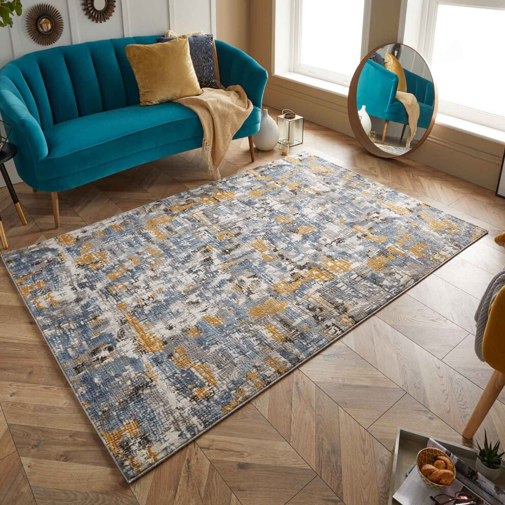 (Yellow / Grey, 120x170 cm) Living Room Bedroom Contemporary Distressed Faded Rugs Multi Coloured Modern Small Extra Large Hall Runner Carpet