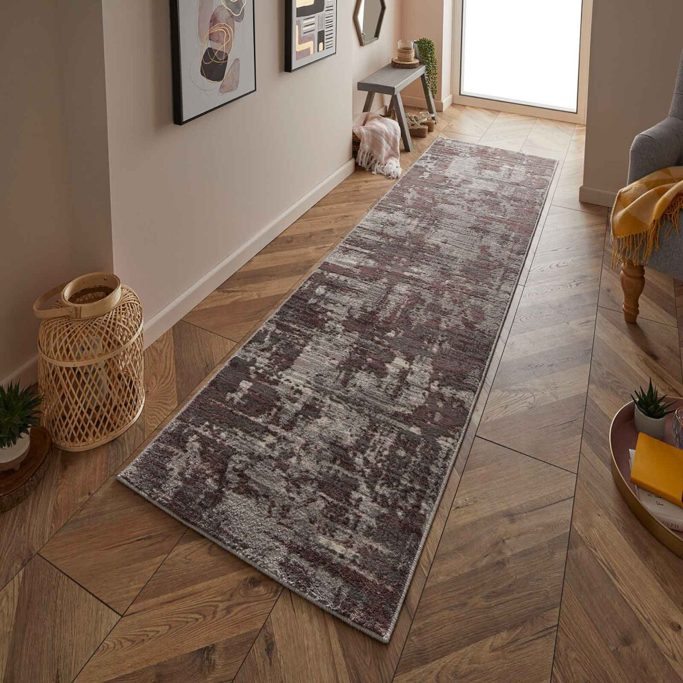 (Mauve / Grey, Runner 68x235 cm) Living Room Bedroom Contemporary Distressed Faded Rugs Multi Coloured Modern Small Extra Large Hall Runner Carpet