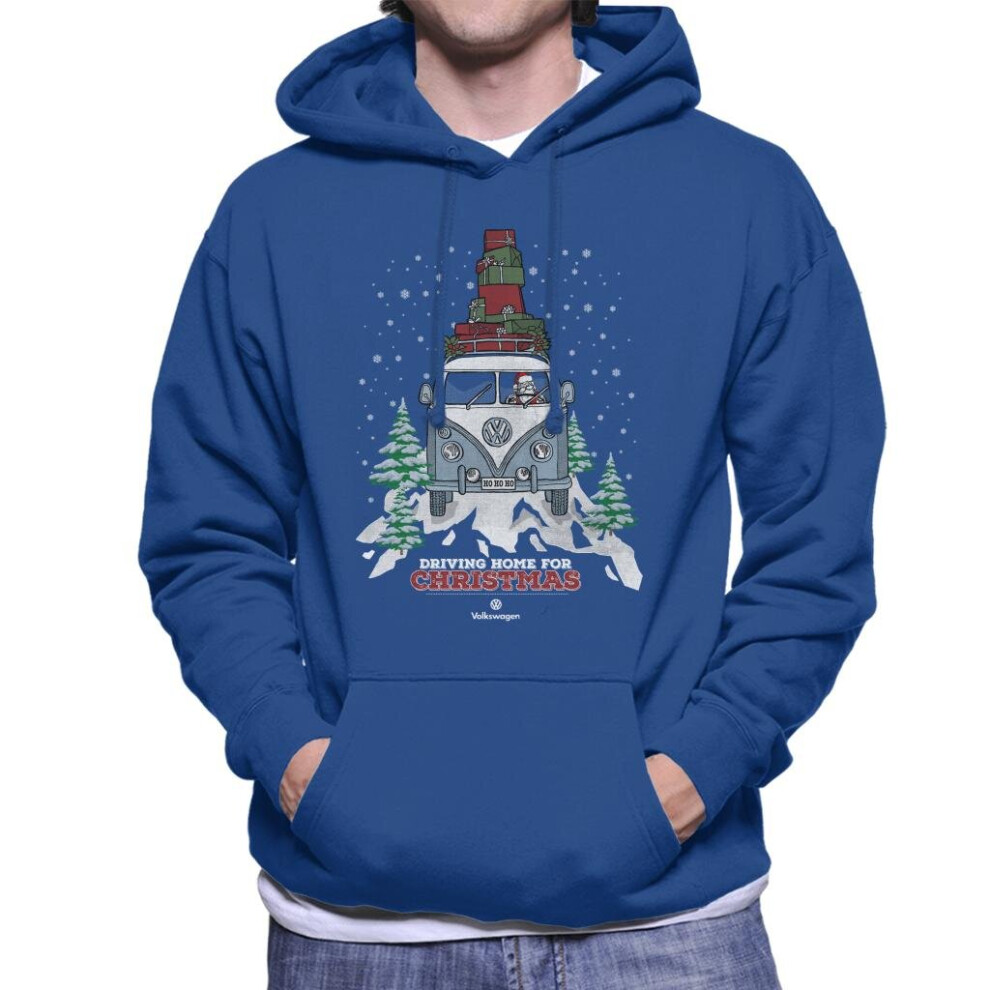 (2XL, Royal Blue) Volkswagen Christmas Driving Home For Christmas White Logo Men's Hooded Sweatshirt