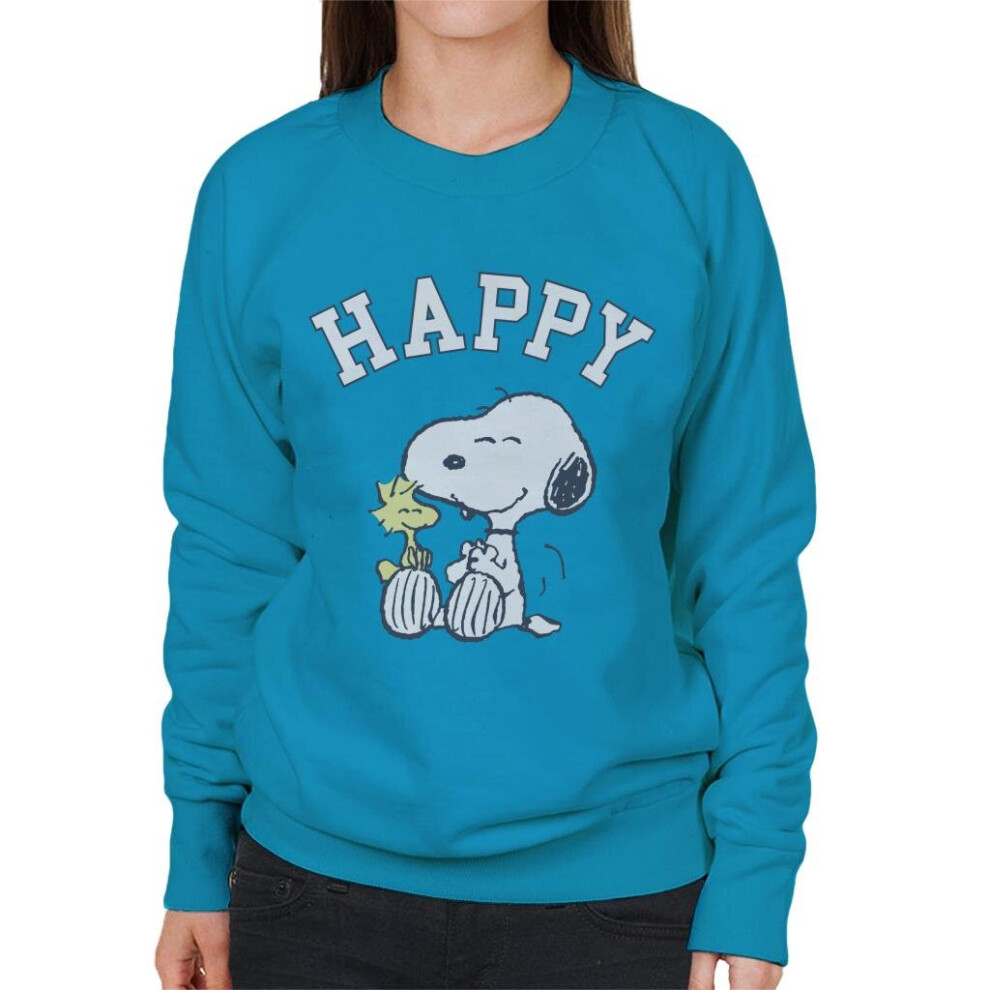 (S, Sapphire) Peanuts Snoopy And Woodstock Happy Women's Sweatshirt