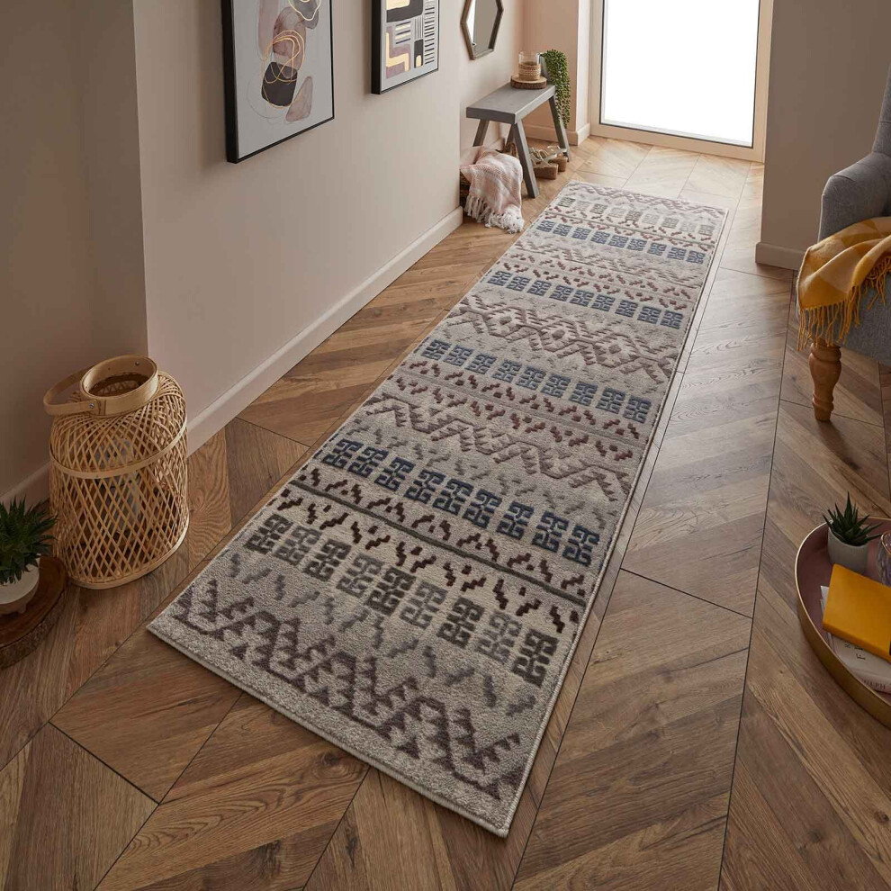 (Blue / Grey, Runner 68x235 cm) Tribal Grey Distressed Faded Rugs Modern Small Extra Large Hallway Runner Carpet Mat