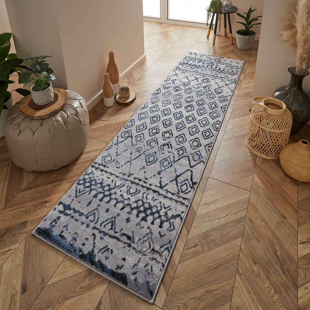 (Grey, Runner 68x235 cm) Tribal Grey Distressed Faded Rugs Modern Small Extra Large Hallway Runner Carpet Mat