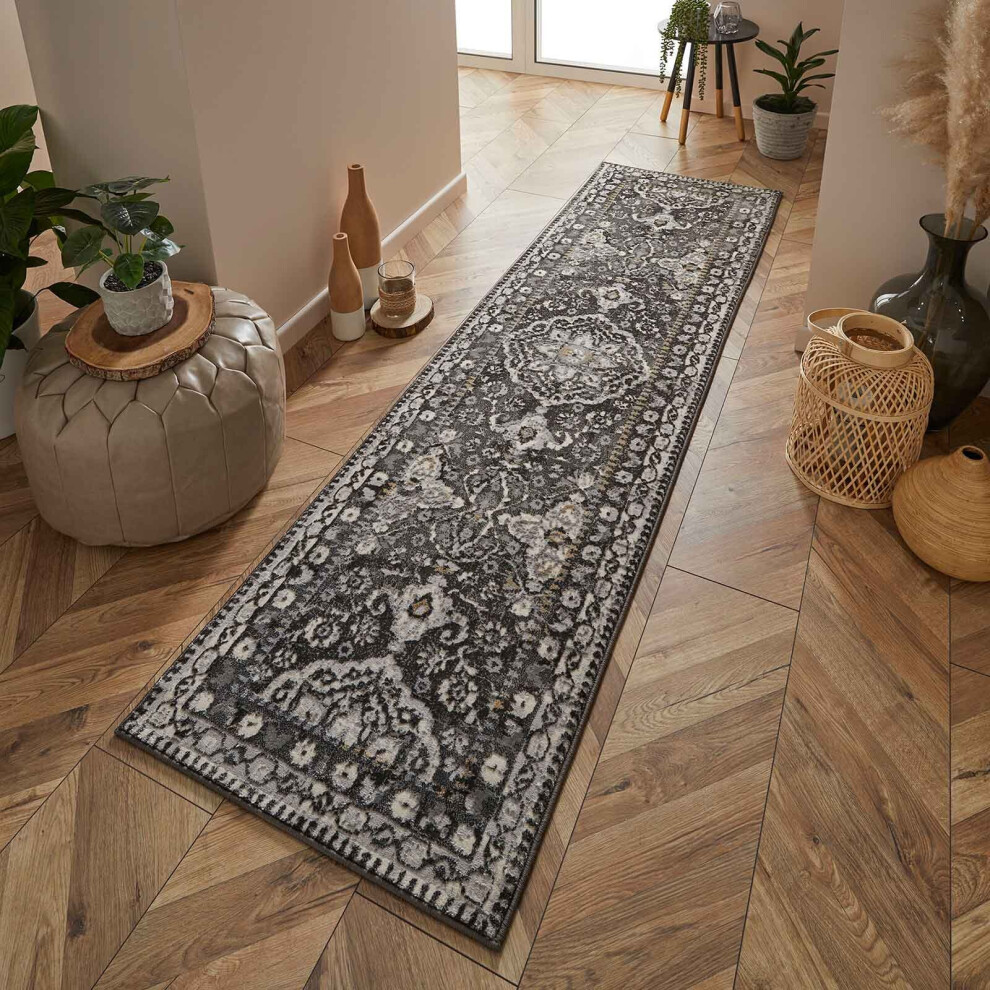 (Runner 68x235 cm) Grey Traditional Distressed Faded Rugs Modern Small Extra Large Hall Runner Carpet Mat