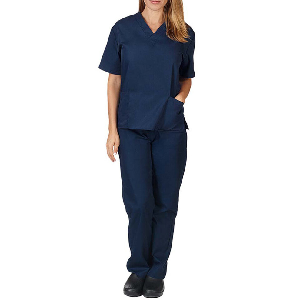(Navy Blue, L = UK 12) Women Medical Scrub Doctor Nursing Scrubs Uniform Dentis Hospital Long Pants Set