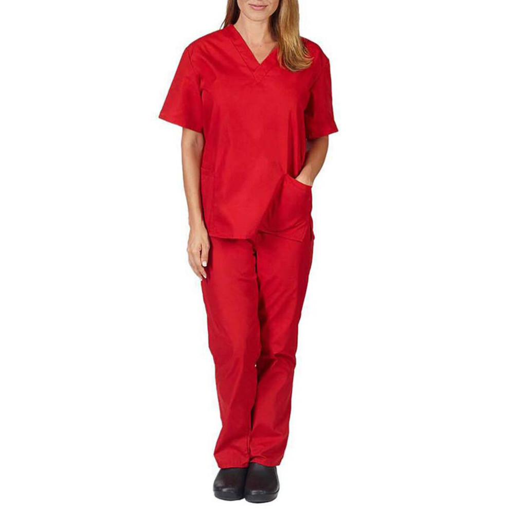 (Red, 2XL = UK 16) Women Medical Scrub Doctor Nursing Scrubs Uniform Dentis Hospital Long Pants Set