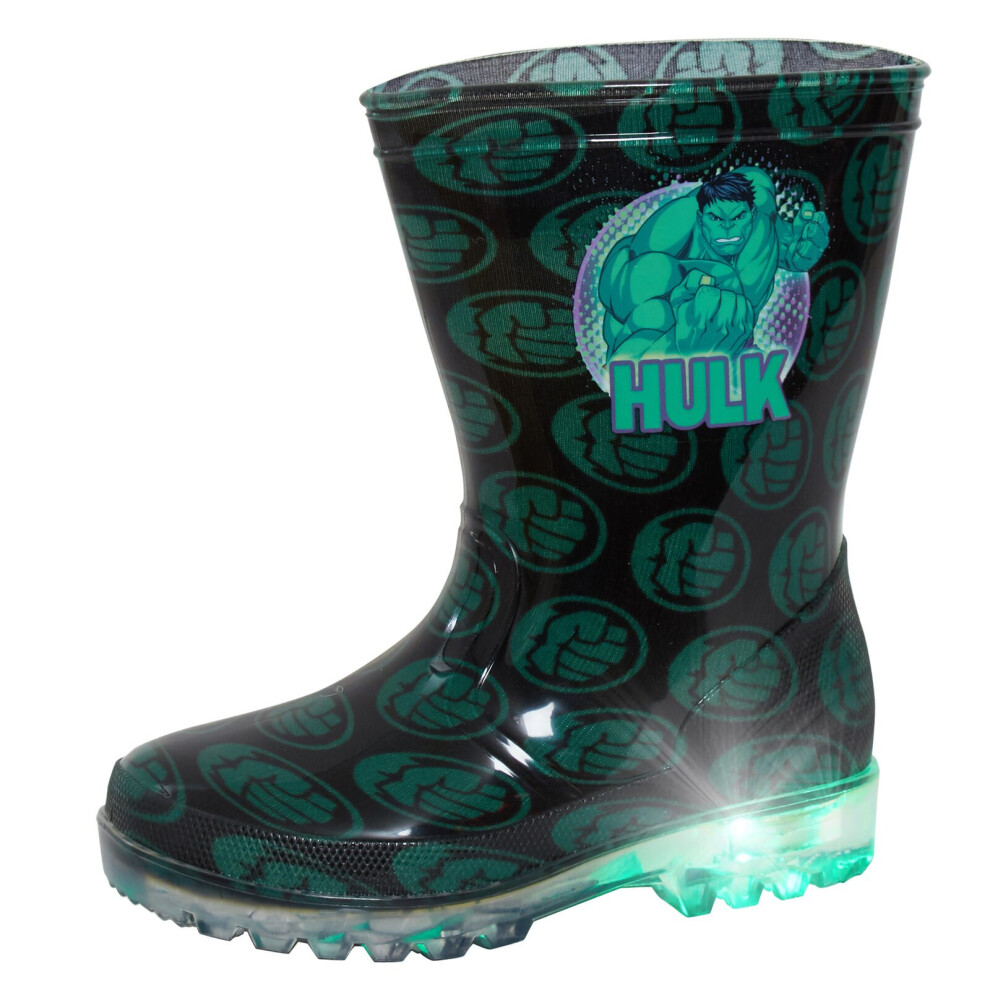 (UK 6 Child) Boys Incredible Hulk Light Up Wellington Boots Marvel Rain Snow Shoes Wellies