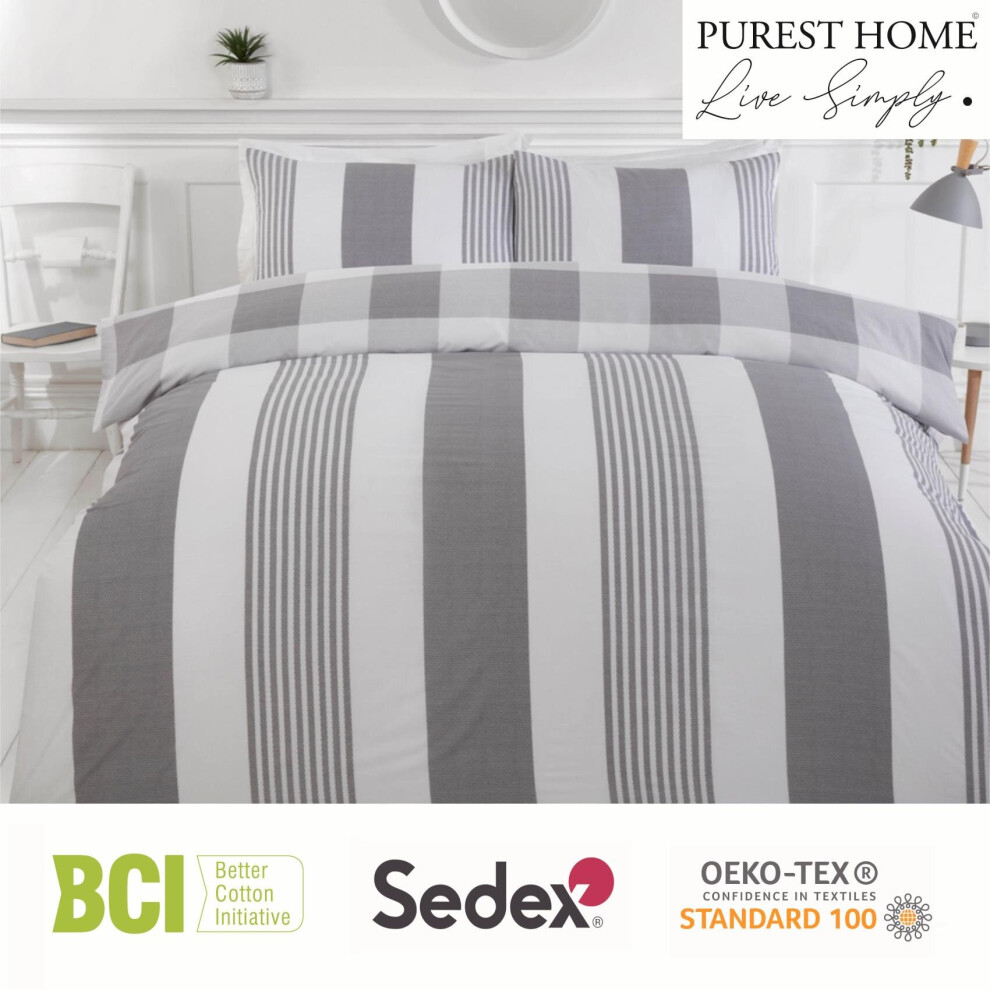 (Grey, Double) Rapport Home Chambray Stripe Grey Single Duvet Cover Set Reversible Bedding Bed Set Bed Linen