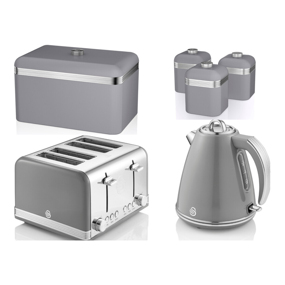 Swan Grey Retro Jug Kettle, 4 Slice Toaster, Bread Bin & 3 Canisters