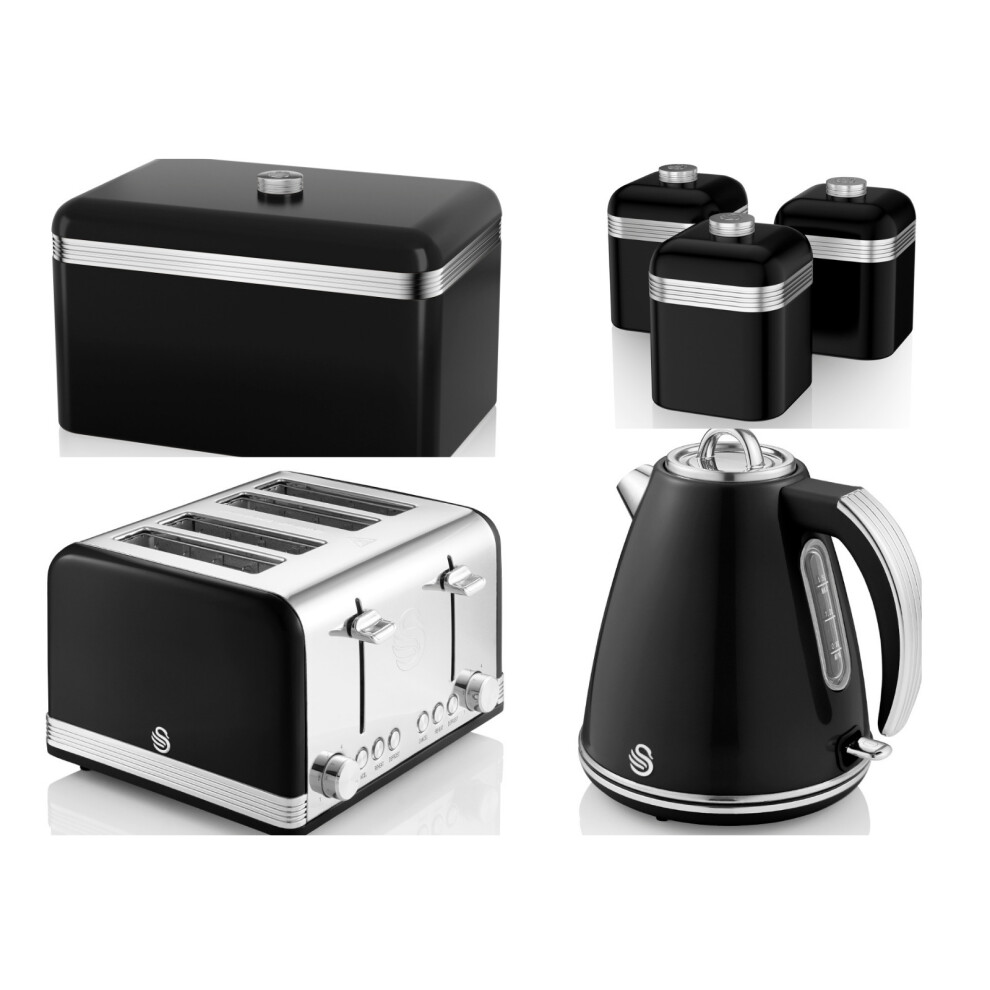 Swan Retro Black Jug Kettle, 4 Slice Toaster, Bread Bin & Canisters