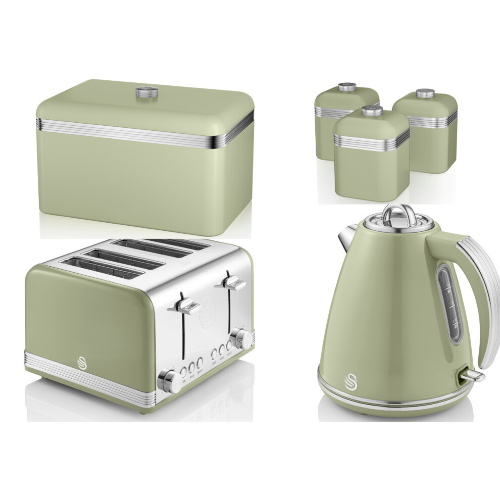 Swan Retro Green  Jug Kettle, 4 Slice Toaster, Bread Bin & Canisters