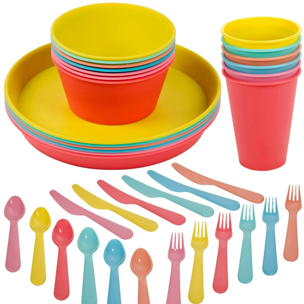 36 Pcs Kids Plastic Dinner Breakfast Bowls Plates Tumblers Cutlery Set