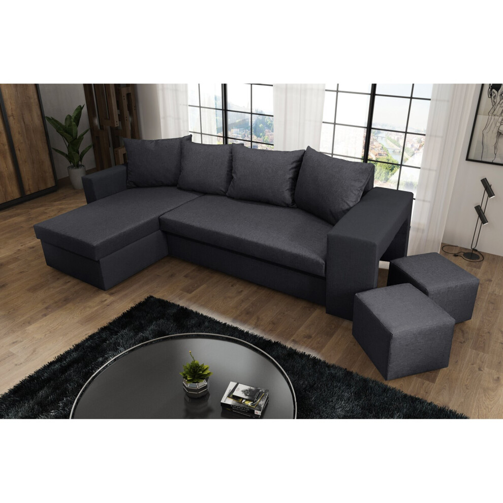 Corner Sofa Bed Dark Grey With 2 Footstools