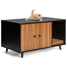 Wooden Storage Cabinet with Cat Litter Box Enclosure - All-in-One Cat House, Coffee Table & Side Cabinet (Walnut/Black)