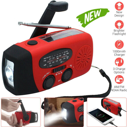 Red Hand Crank Solar Emergency Radio with AM/FM/WB NOAA, USB Charger, 3-LED Flashlight - Power Bank, Compact Self-Powered