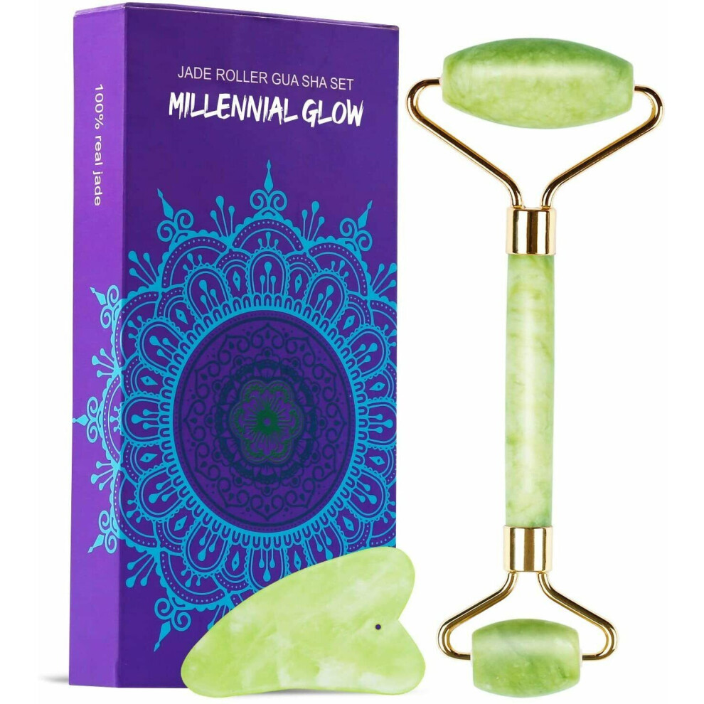 Photos - Facial Cleansing Brush 100 Natural Jade Face Roller with Gua Sha Massage Tool-Anti Aging