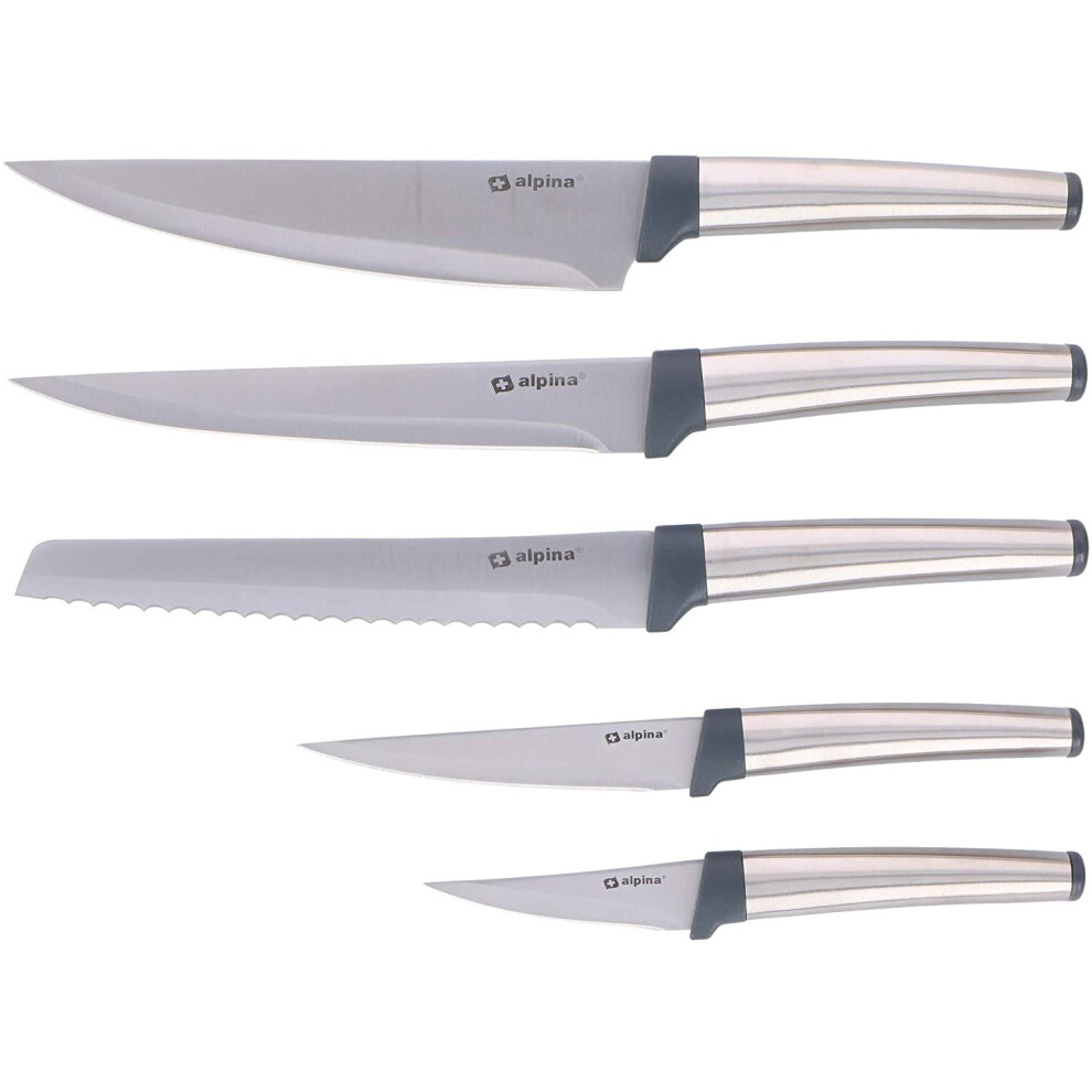 Alpina 5-Piece Stainless Steel Kitchen Knife Set – Chef, Carving, Bread, Utility & Paring Knives