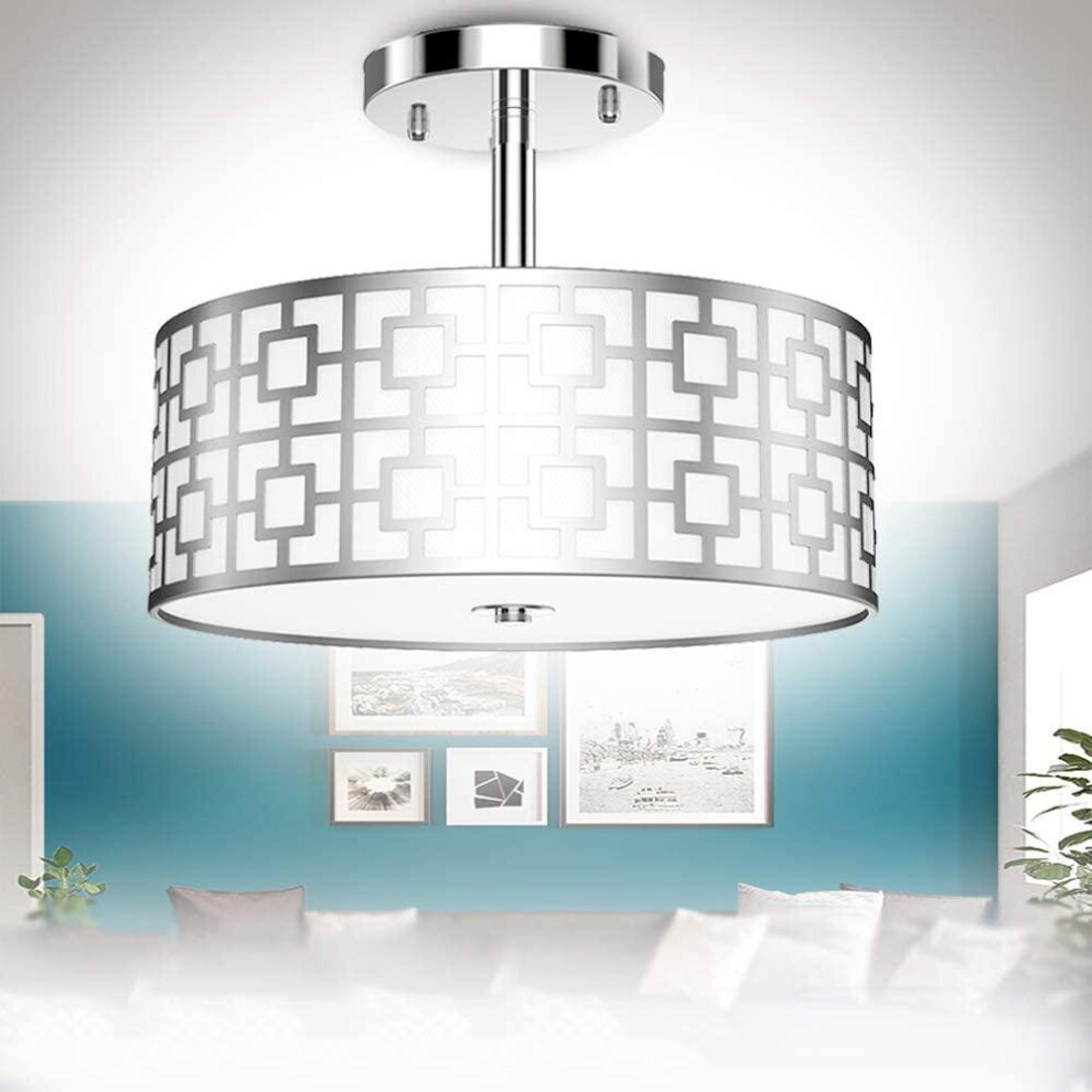 Semi Flush Mount Ceiling Light, Silver Iron Drum Chandelier Lighting, Modern Pendant Light