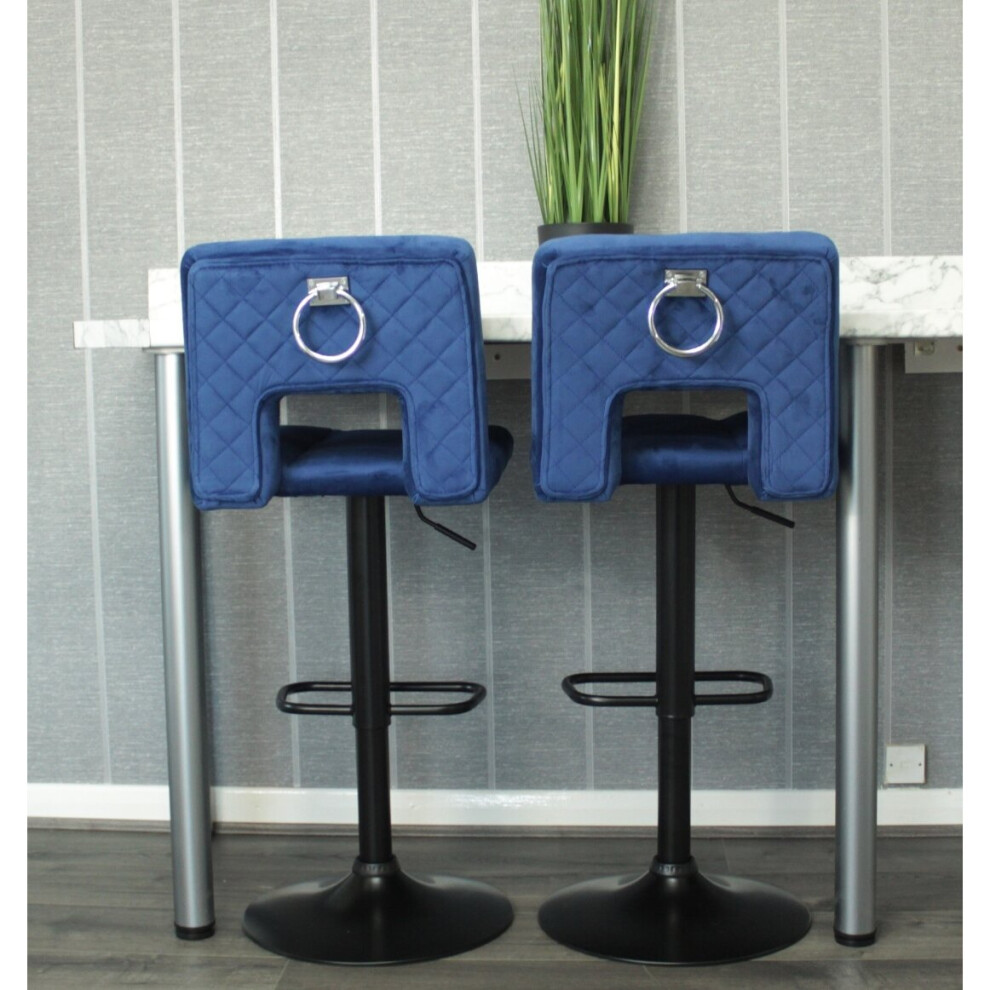 Millies Design Velvet Belgravia Bar Stools Set Of 2 Chairs, Ring Knocker Blue