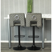Set of 2 Grey Velvet Belgravia Bar Stools – 360 Swivel, Gas-Lift, Diamond Stitching, Ring Knocker, Footrest