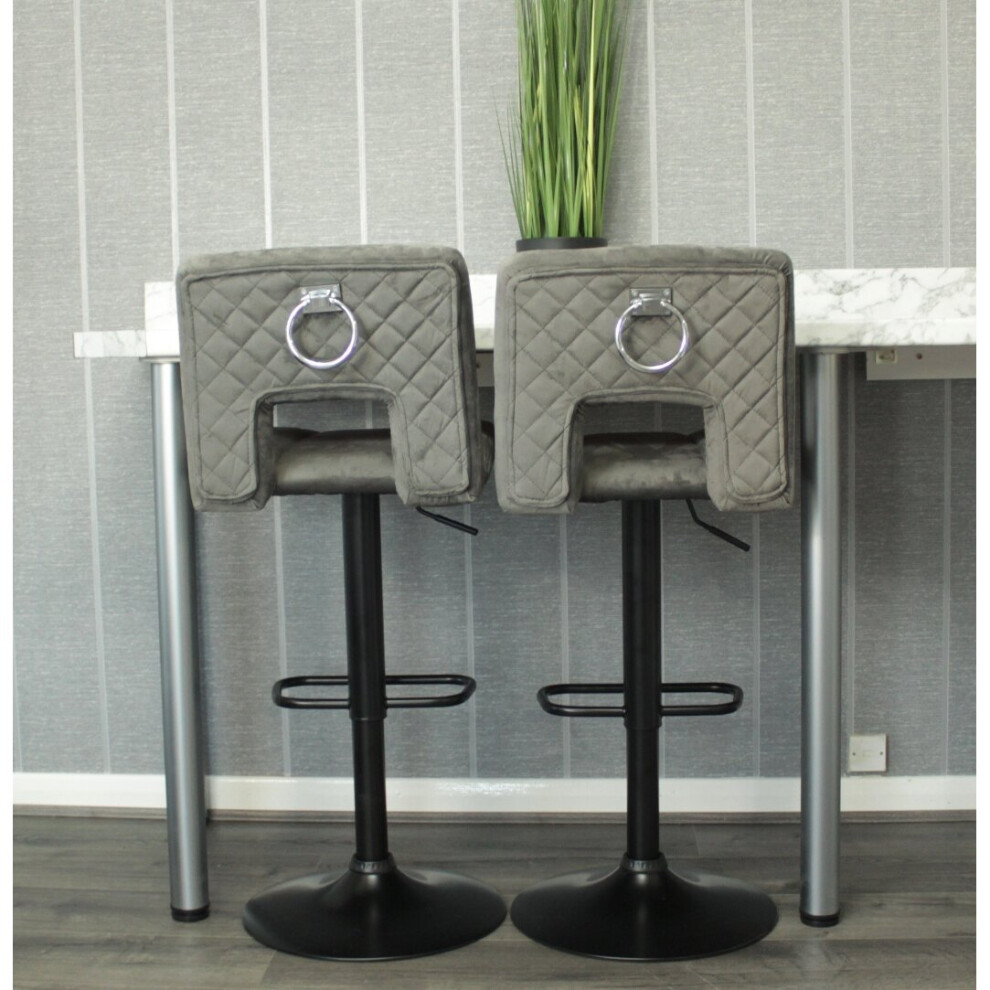 Millies Design Set Of 2 Velvet Belgravia Bar Stools – 360 Swivel, Gas-Lift, Diamond Stitching, Ring Knocker, Footrest Grey