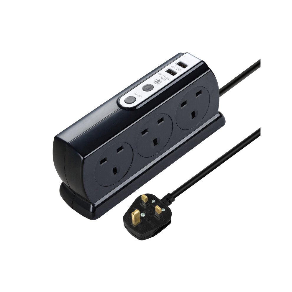 Masterplug Compact 6 Socket Surge Protected 2x USB Port Extension Lead 2m Black