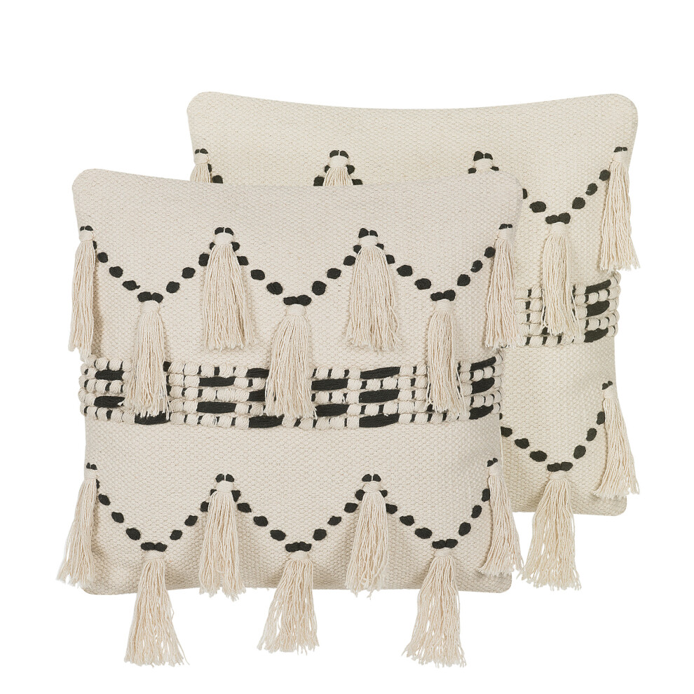 Set of 2 Cotton Cushions with Tassels 45 x 45 cm Beige and Black THONDI