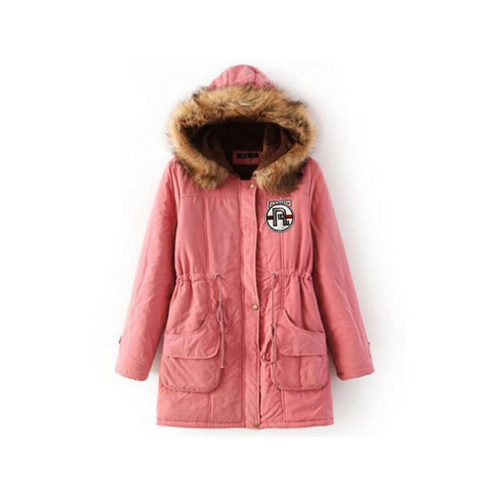 (Pink, L) Thick Faux Fur Lined Parka Coat