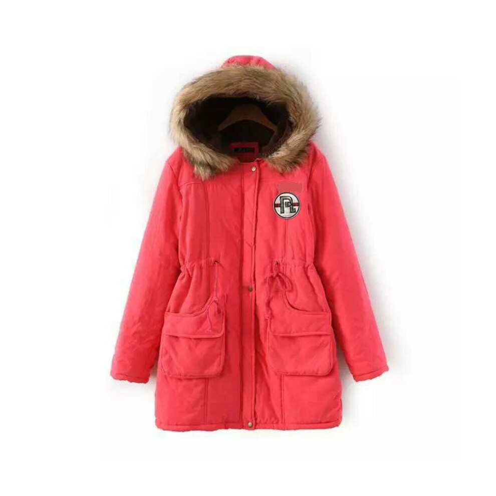 (Red, M) Thick Faux Fur Lined Parka Coat