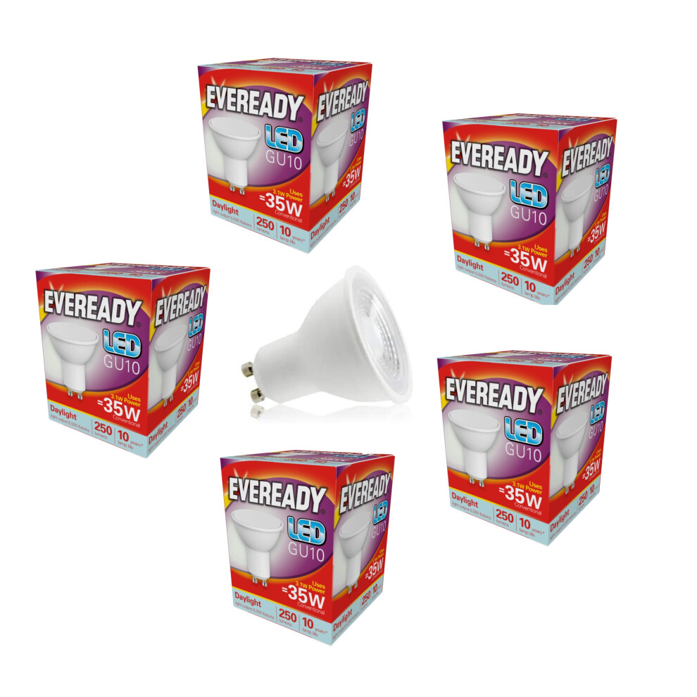 5x Eveready GU10 LED Light Bulbs 3.1W 6500K 250lms A+ Efficient