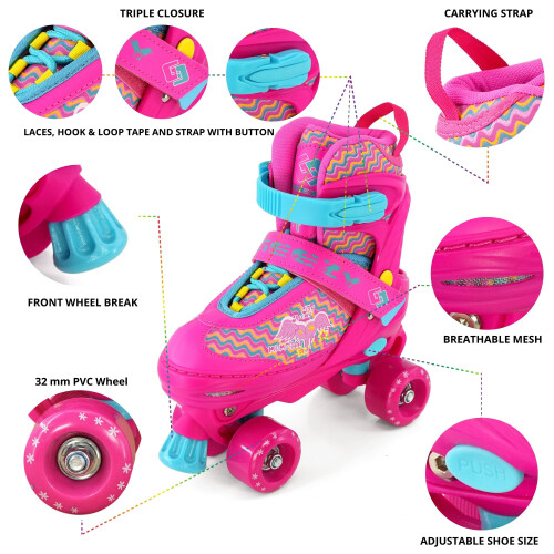 GEEZY (Pink Medium UK 2-4) GEEZY Kids' Adjustable 4-Wheel Roller Skates 1