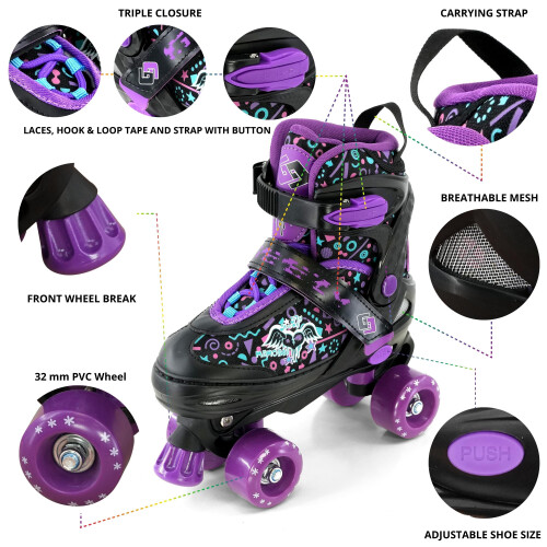 GEEZY (Purple Medium UK 2-4) GEEZY Kids' Adjustable 4-Wheel Roller Skates 1