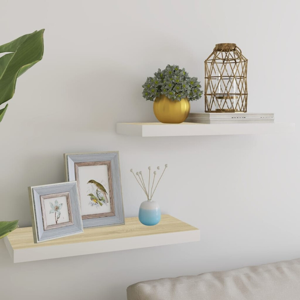 Vidaxl 2X Floating Wall Shelves Oak & Mdf Wall Ledge Rack Hanging Shelf White