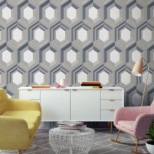 (Cream/Blue) Galactik Wallpaper Hexagon Muriva