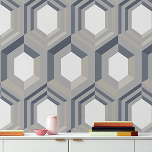 Muriva (Cream/Blue) Galactik Wallpaper Hexagon Muriva 1