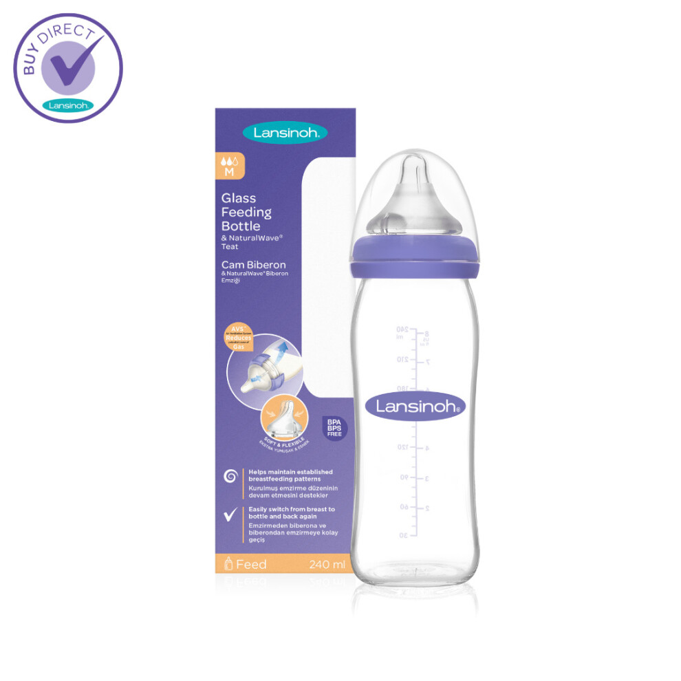 Lansinoh Glass Baby Bottle with NaturalWave Medium Flow Teat  (240 ml)