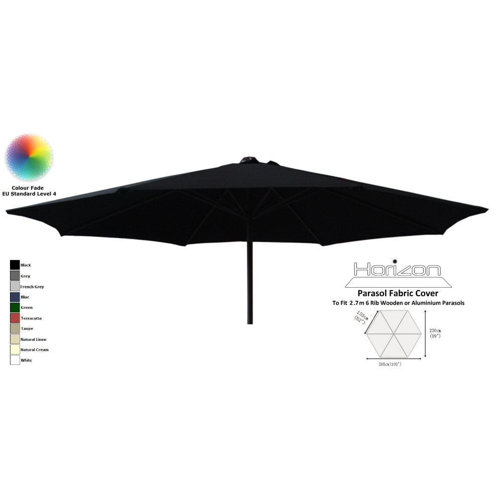 (2.7m 6arm 180g, Black) Replacement Fabric Garden Parasol Canopy Cover