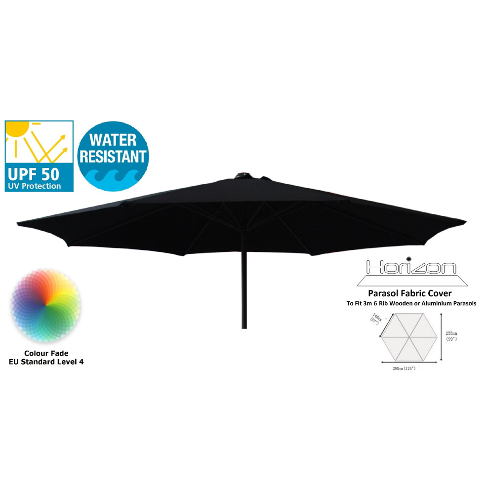 (3m 6arm 210g, Black) Replacement Fabric Garden Parasol Canopy Cover