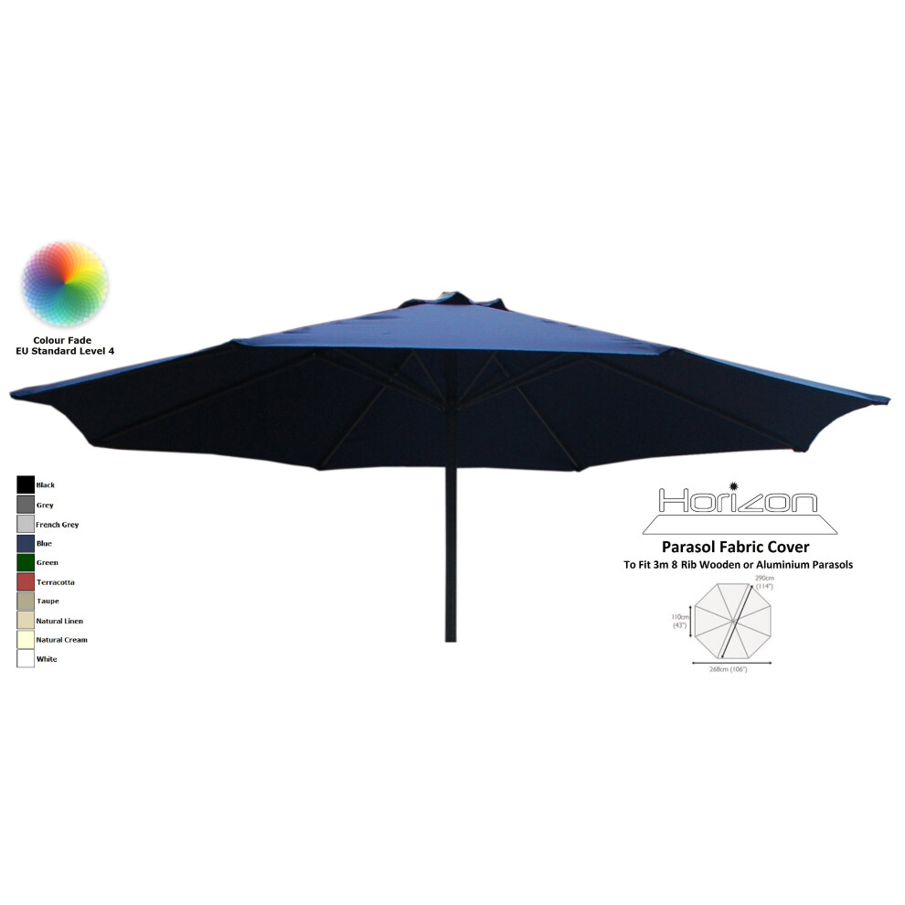 (3m 8arm 180g, Blue) Replacement Fabric Garden Parasol Canopy Cover