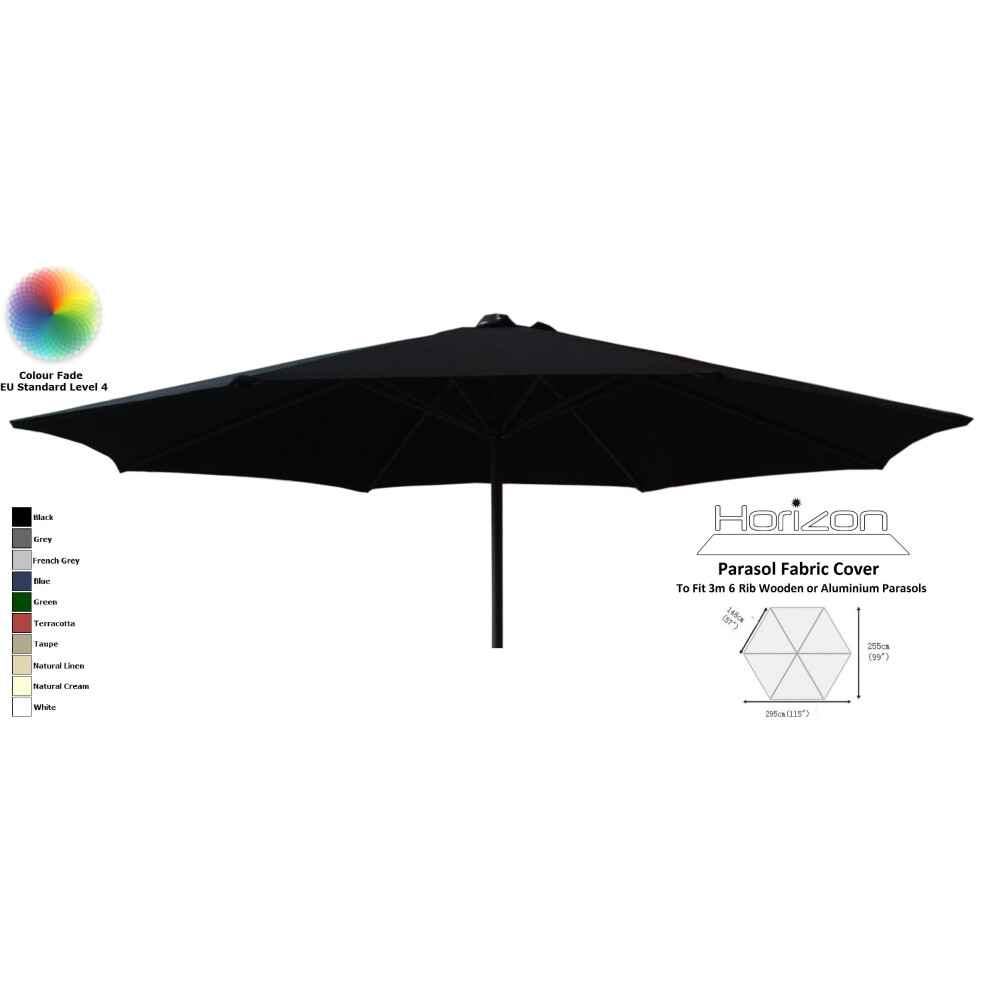 (3m 6arm 180g, Black) Replacement Fabric Garden Parasol Canopy Cover