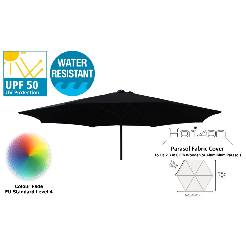 (2.7m 6arm 210g, Black) Replacement Fabric Garden Parasol Canopy Cover