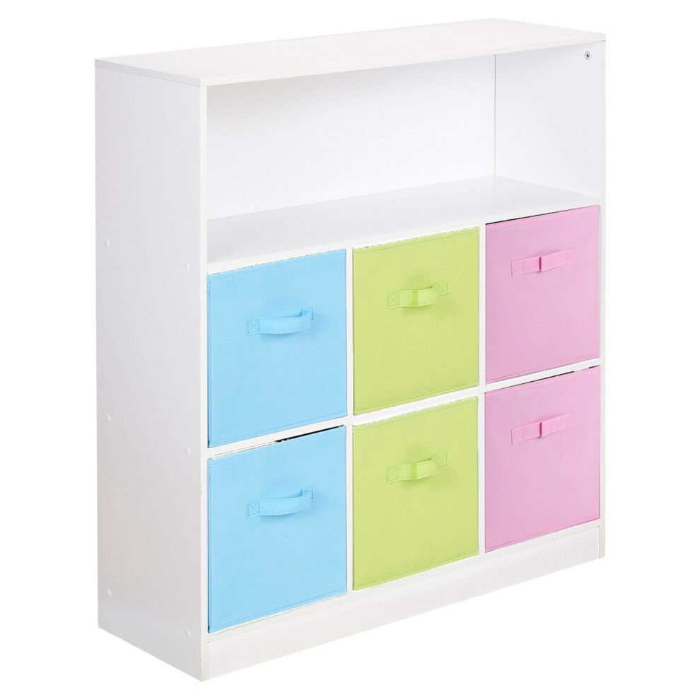 (Sky Blue, Green and Light Pink Drawers, White (Out of Stock)) Wood White Black 7 Cubed Storage Units 6 Drawers-image-OPC-P8SYB9G-NEW
