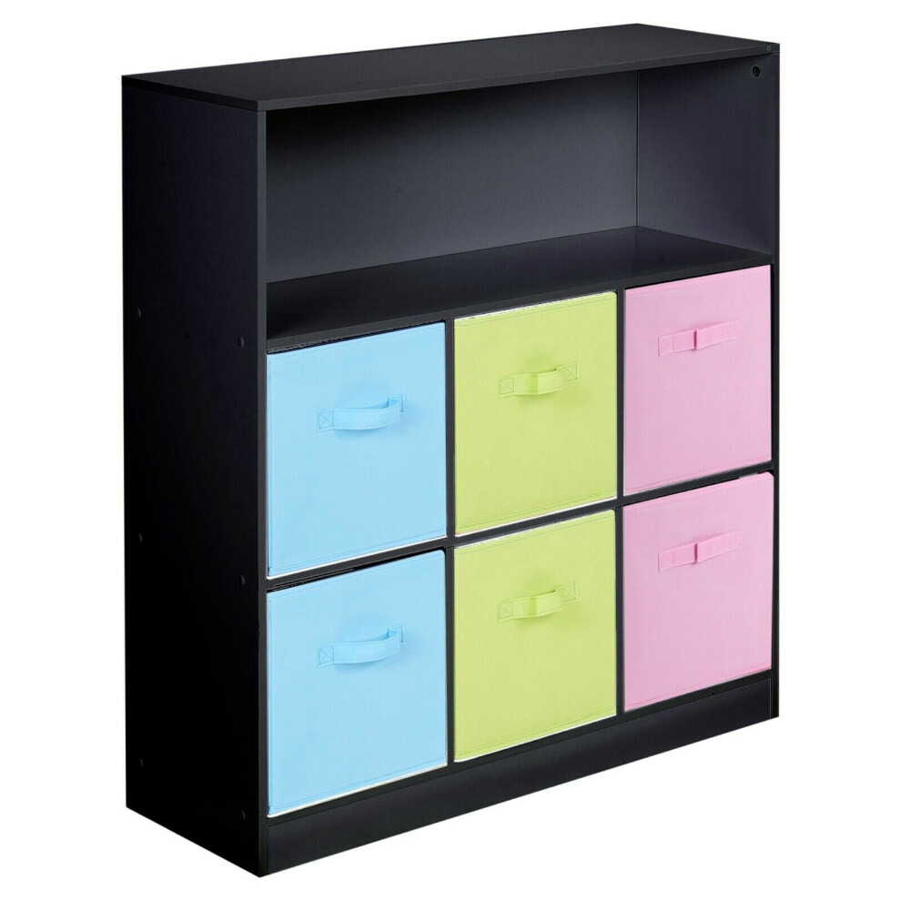 (Sky Blue, Green and Light Pink Drawers, Black) Wood White Black 7 Cubed Storage Units 6 Drawers