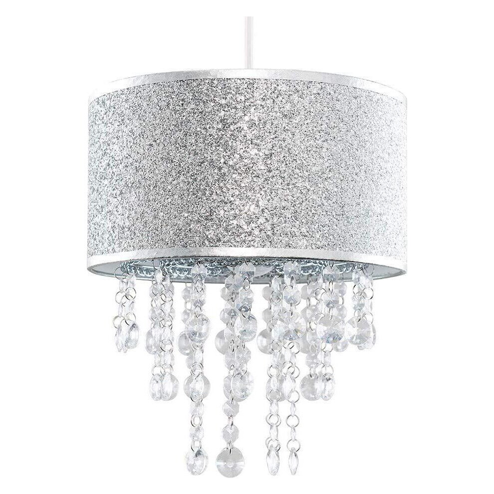 Modern Silver Glitter Cylinder Ceiling Pendant Light Shade with Clear Acrylic Jewel Droplets