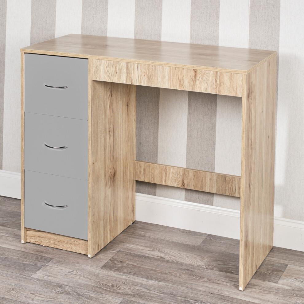Urbn Living (Oak Carcass + Grey Drawers) 3 Drawer Wooden Dressing Computer Work Table Desk Brown