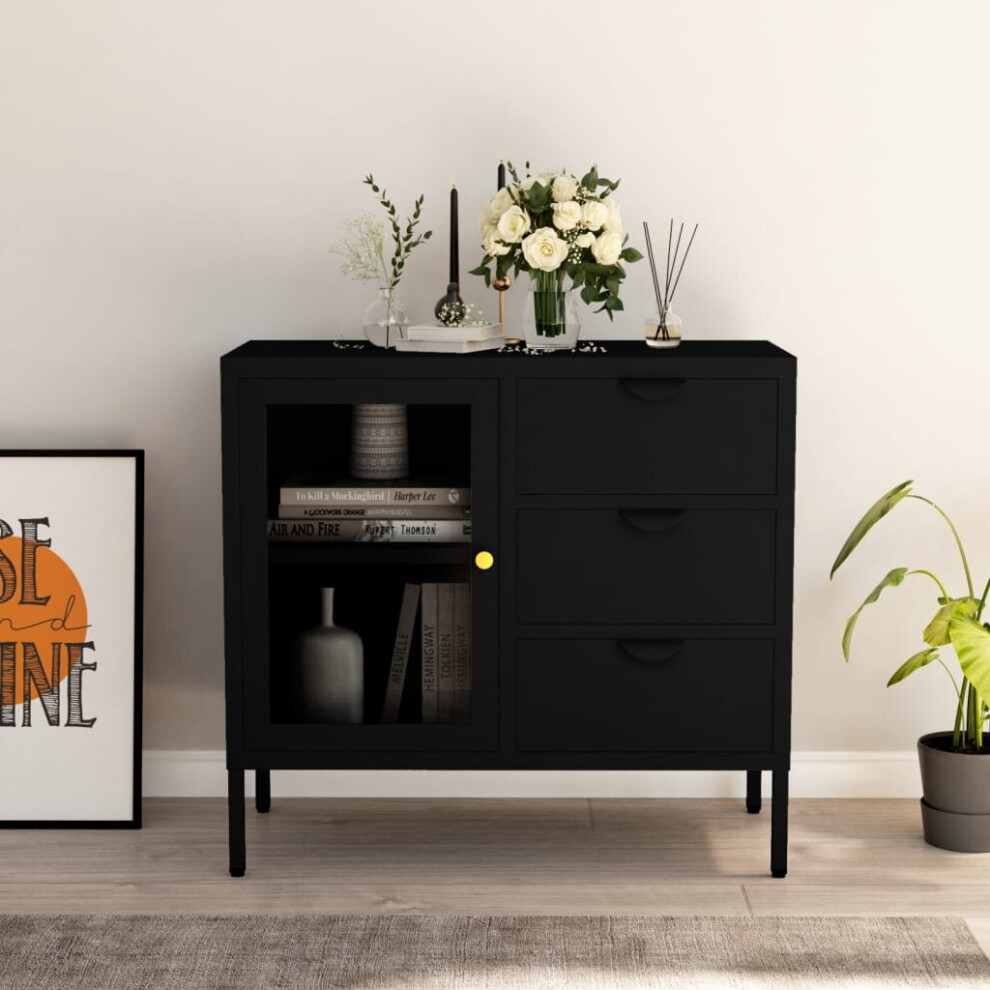 vidaXL Sideboard Black Steel and Tempered Glass Storage Book Side Cabinet