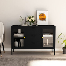 vidaXL Sideboard Black Steel & Tempered Glass 105x35x70 cm with 2 Adjustable Shelves & 3 Drawers 336076